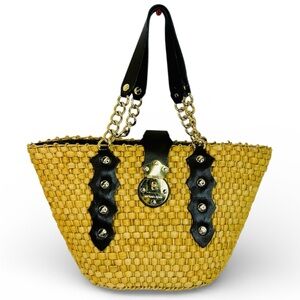 Michael Kors Santorini Raffia Woven Handbag Tote, Brown Leather/Gold Chain Strap